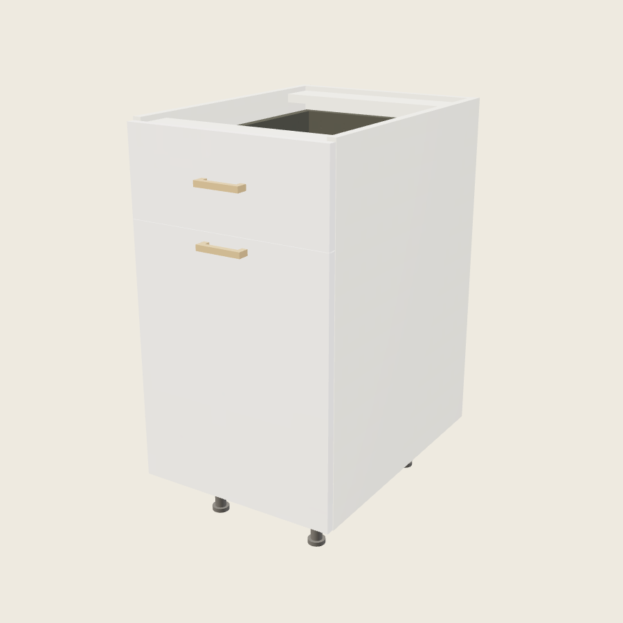 Palermo Gloss White Single Door Single Drawer Bases with Double Trash Can Pullout - B18TCPO — 2020 catalog rendering; finish and installed options are illustrative