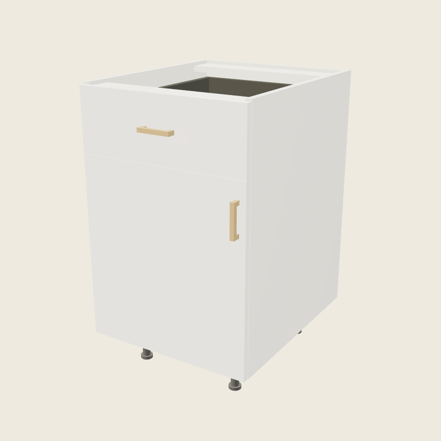 Palermo Gloss White Single Door Single Drawer Base - B21 — 2020 catalog rendering; left-hand arrangement shown; finish and installed options are illustrative