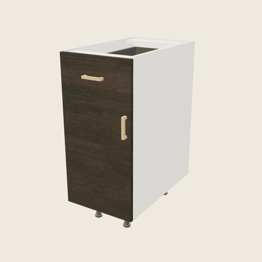 Torino Dark Wood Single Door Single Drawer Base - B15 — 2020 catalog rendering; left-hand arrangement shown; finish and installed options are illustrative