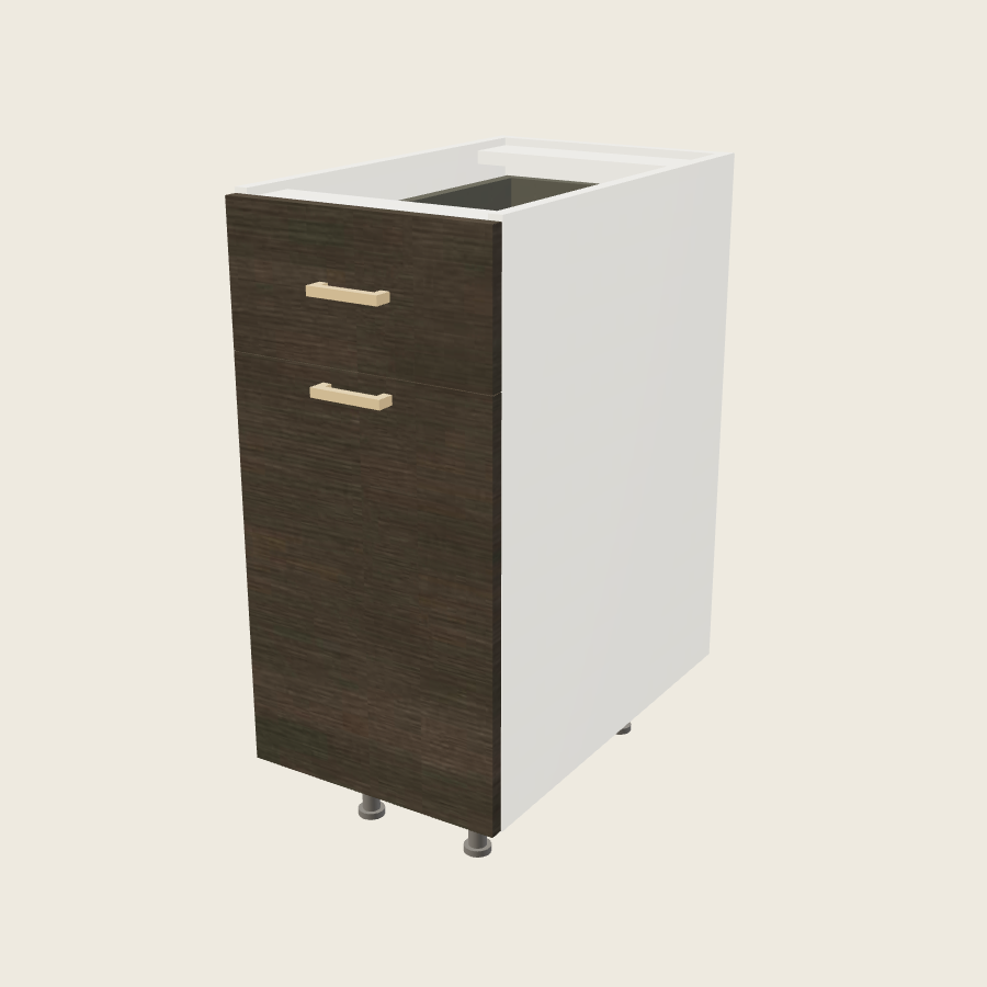 Torino Dark Wood Single Door Single Drawer Base with Single Trash Can Pullout - B15TCPO — 2020 catalog rendering; finish and installed options are illustrative