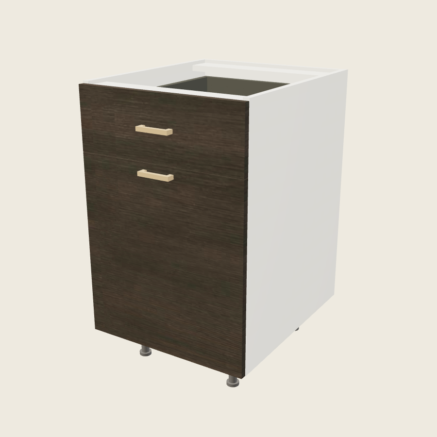 Torino Dark Wood Single Door Single Drawer Bases with Double Trash Can Pullout - B21TCPO — 2020 catalog rendering; finish and installed options are illustrative