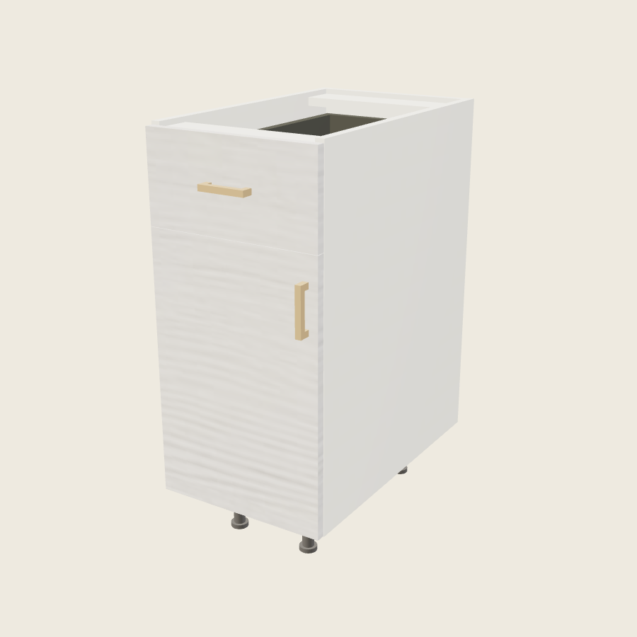 Torino White Pine Single Door Single Drawer Base - B15 — 2020 catalog rendering; left-hand arrangement shown; finish and installed options are illustrative
