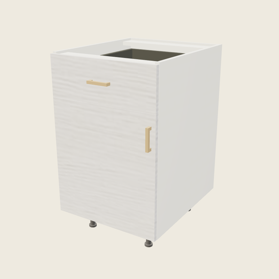 Torino White Pine Single Door Single Drawer Base - B21 — 2020 catalog rendering; left-hand arrangement shown; finish and installed options are illustrative