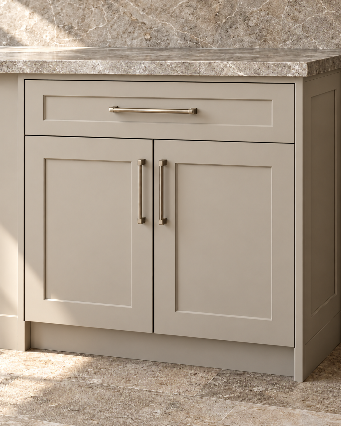 Illustrative putty painted shaker cabinetry with full-overlay doors