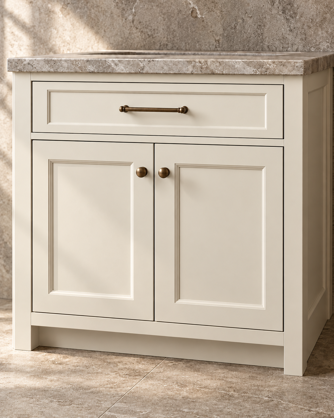 Illustrative ivory inset cabinetry with doors sitting within a visible face frame